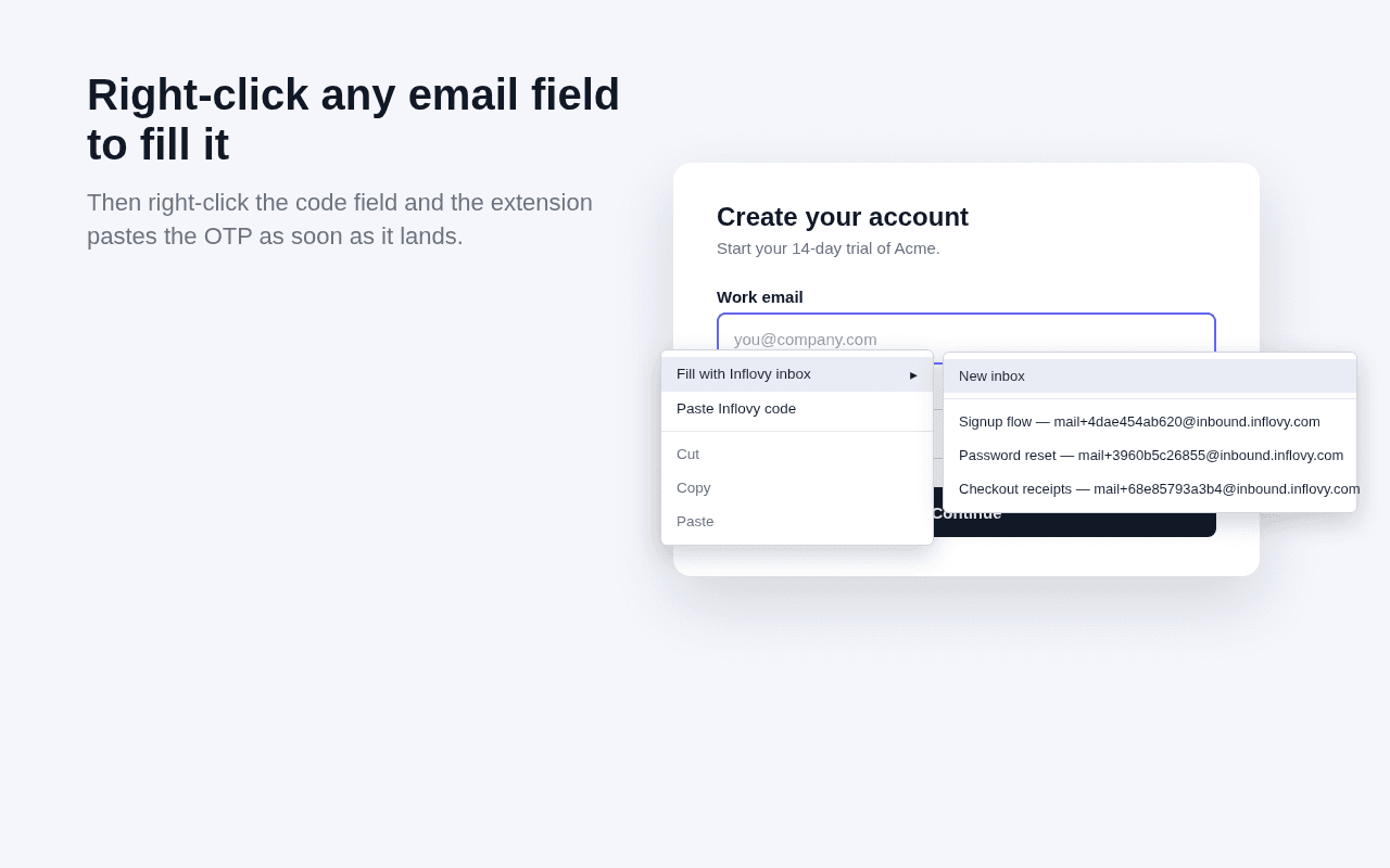 A signup form with the right-click menu open on “Fill with Inflovy inbox”
