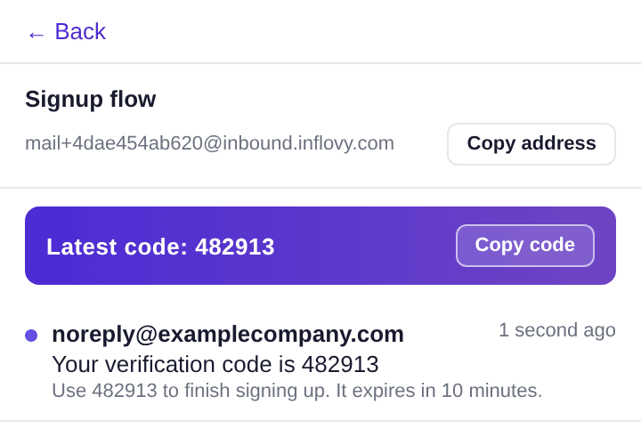 The Inflovy extension popup showing an inbox with the verification code 482913 detected and a Copy code button